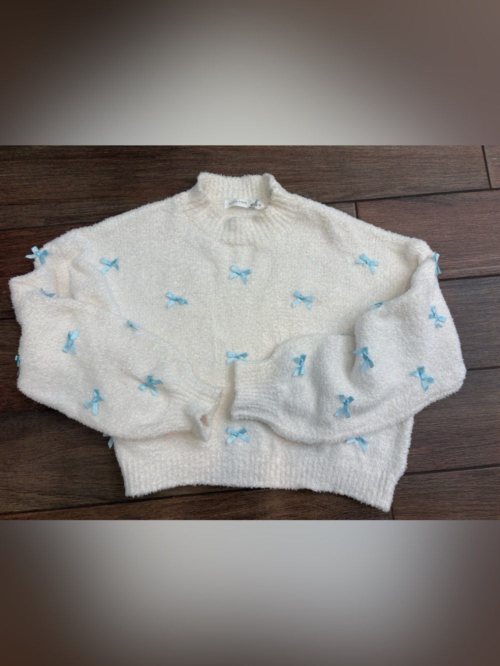 Altar'd State Cream mock neck Sweater with Baby Blue Bows